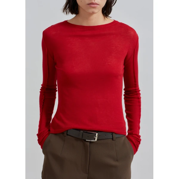 The Frankie Shop Mesa Sheer Long Sleeve Tee - Red - Oversized Minimalist Tops in Red - Shop at Luxury Shoes 