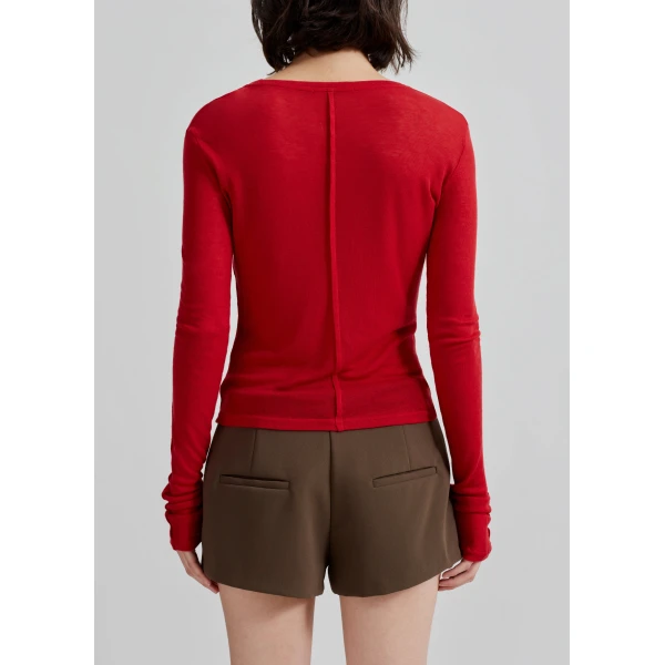 The Frankie Shop Mesa Sheer Long Sleeve Tee - Red - Oversized Minimalist Tops in Red - Shop at Luxury Shoes 
