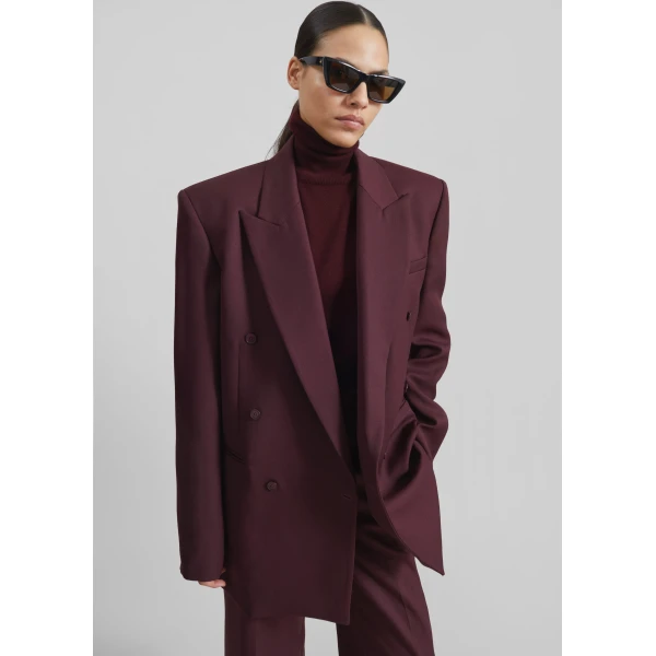 The Frankie Shop Monterey Structured Wool Blazer - Burgundy - Oversized Minimalist Jackets in Red - Shop at Luxury Shoes 