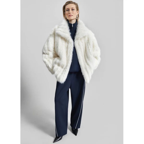 The Frankie Shop Mortisa Faux Fur Belted Short Coat - Off White - Oversized Minimalist Coats in White - Shop at Luxury Shoes 