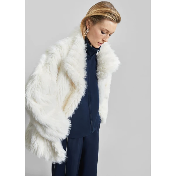 The Frankie Shop Mortisa Faux Fur Belted Short Coat - Off White - Oversized Minimalist Coats in White - Shop at Luxury Shoes 