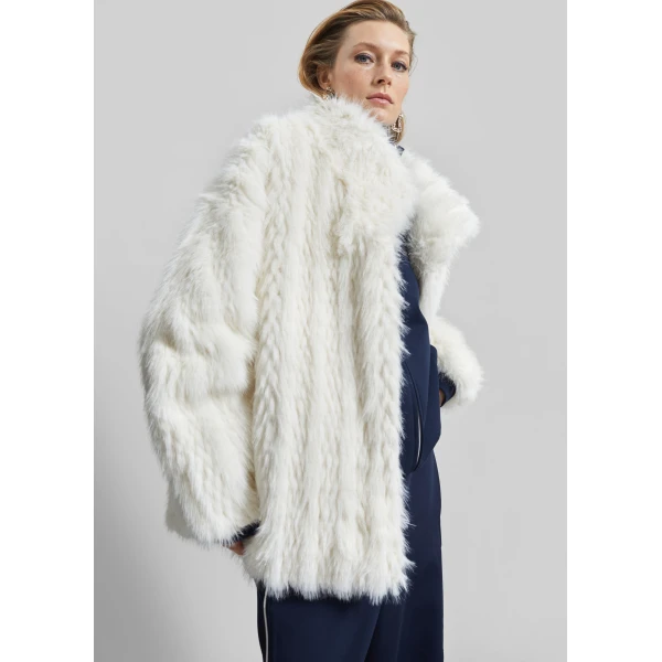 The Frankie Shop Mortisa Faux Fur Belted Short Coat - Off White - Oversized Minimalist Coats in White - Shop at Luxury Shoes 
