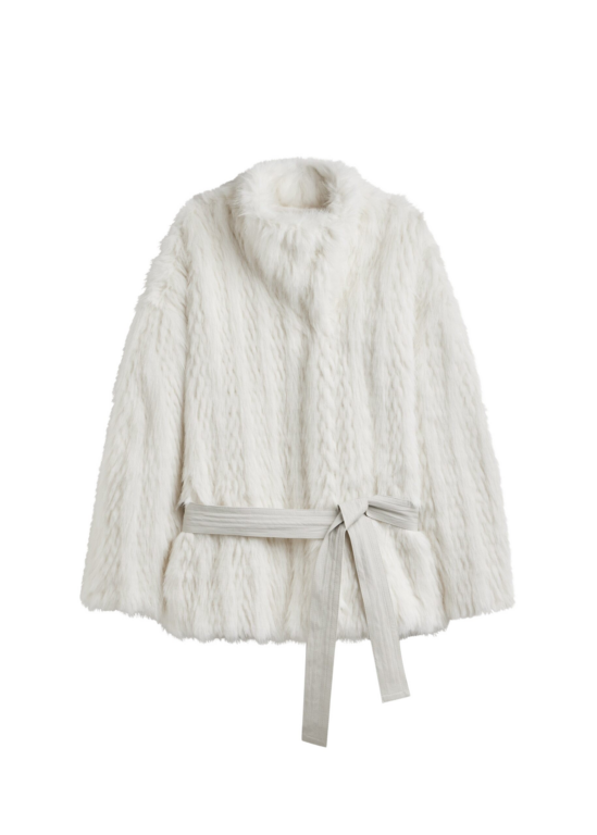 The Frankie Shop Mortisa Faux Fur Belted Short Coat - Off White - Oversized Minimalist Coats in White - Shop at Luxury Shoes 
