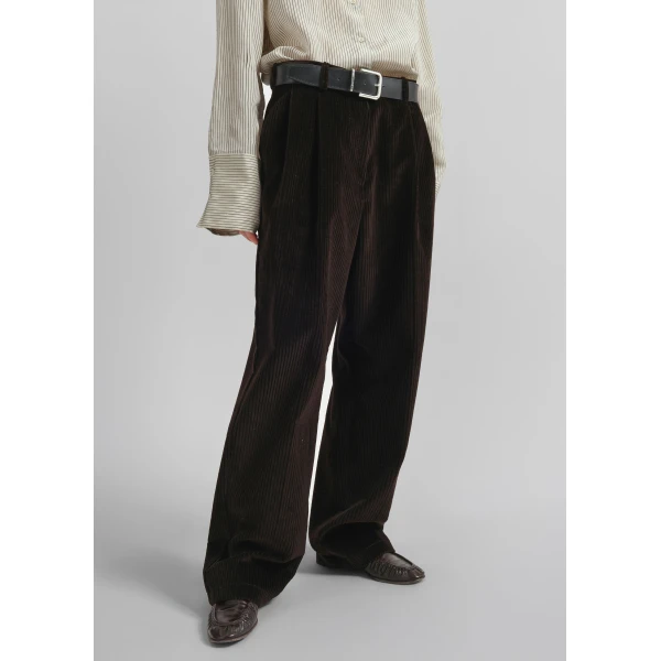The Frankie Shop Norstrand Pleated Corduroy Trousers - Dark Brown - Oversized Minimalist Pants in Brown - Shop at Luxury Shoes 
