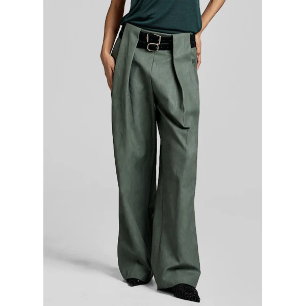 The Frankie Shop Olivet Faux Leather Trousers - Moss Green - Oversized Minimalist Pants in Green - Shop at Luxury Shoes 