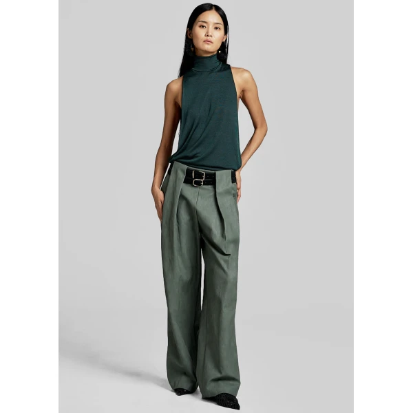 The Frankie Shop Olivet Faux Leather Trousers - Moss Green - Oversized Minimalist Pants in Green - Shop at Luxury Shoes 