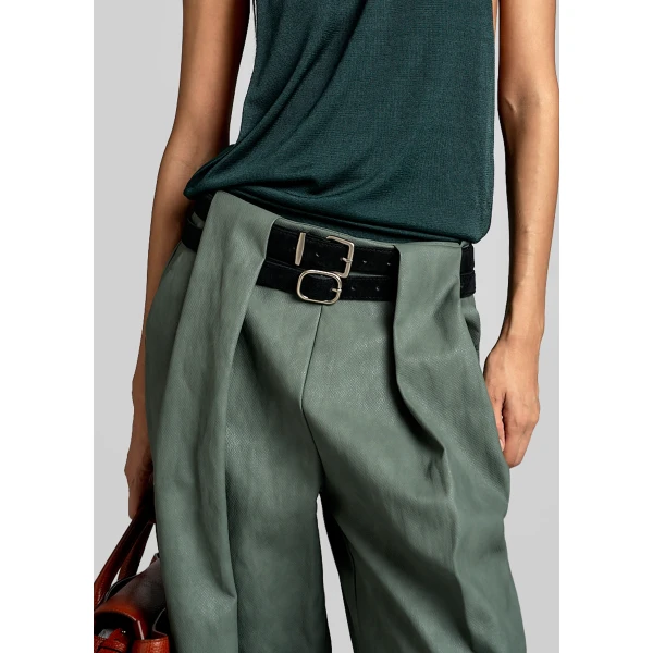 The Frankie Shop Olivet Faux Leather Trousers - Moss Green - Oversized Minimalist Pants in Green - Shop at Luxury Shoes 