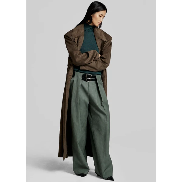 The Frankie Shop Olivet Faux Leather Trousers - Moss Green - Oversized Minimalist Pants in Green - Shop at Luxury Shoes 