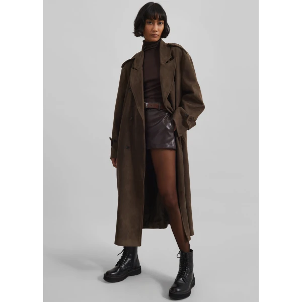 The Frankie Shop Peoria Faux Suede Trench Coat - Brown - Oversized Minimalist Coats in Brown - Shop at Luxury Shoes 