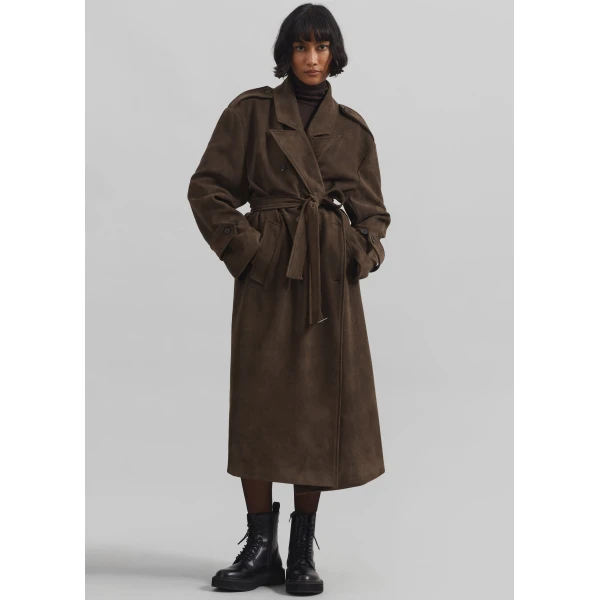 The Frankie Shop Peoria Faux Suede Trench Coat - Brown - Oversized Minimalist Coats in Brown - Shop at Luxury Shoes 