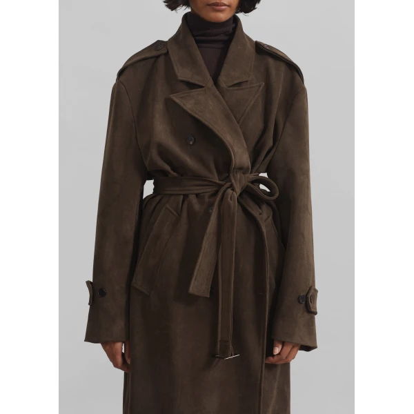 The Frankie Shop Peoria Faux Suede Trench Coat - Brown - Oversized Minimalist Coats in Brown - Shop at Luxury Shoes 