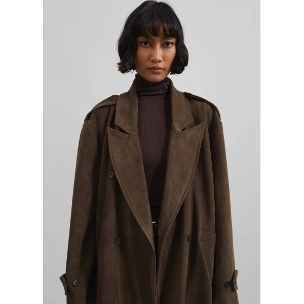 The Frankie Shop Peoria Faux Suede Trench Coat - Brown - Oversized Minimalist Coats in Brown - Shop at Luxury Shoes 