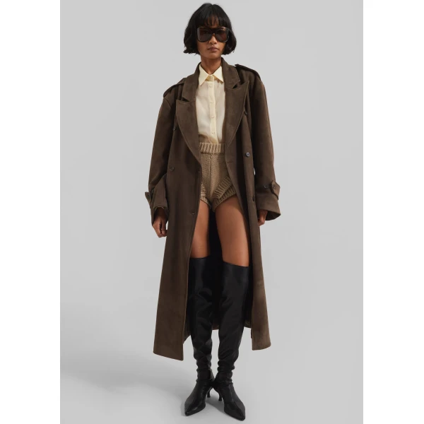The Frankie Shop Peoria Faux Suede Trench Coat - Brown - Oversized Minimalist Coats in Brown - Shop at Luxury Shoes 