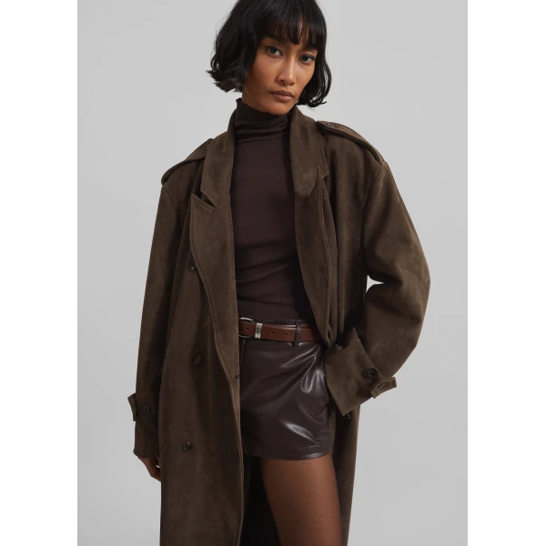 The Frankie Shop Peoria Faux Suede Trench Coat - Brown - Oversized Minimalist Coats in Brown - Shop at Luxury Shoes 