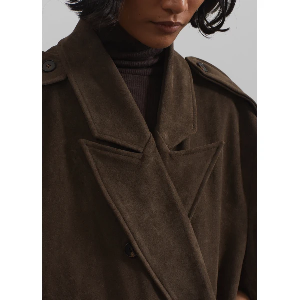 The Frankie Shop Peoria Faux Suede Trench Coat - Brown - Oversized Minimalist Coats in Brown - Shop at Luxury Shoes 