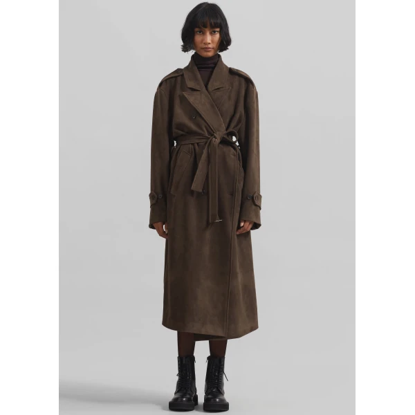 The Frankie Shop Peoria Faux Suede Trench Coat - Brown - Oversized Minimalist Coats in Brown - Shop at Luxury Shoes 