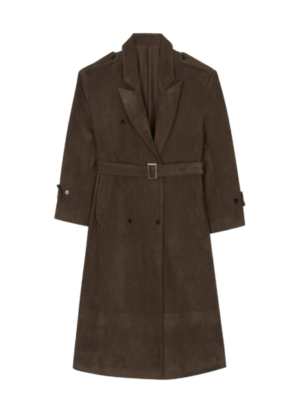 The Frankie Shop Peoria Faux Suede Trench Coat - Brown - Oversized Minimalist Coats in Brown - Shop at Luxury Shoes 