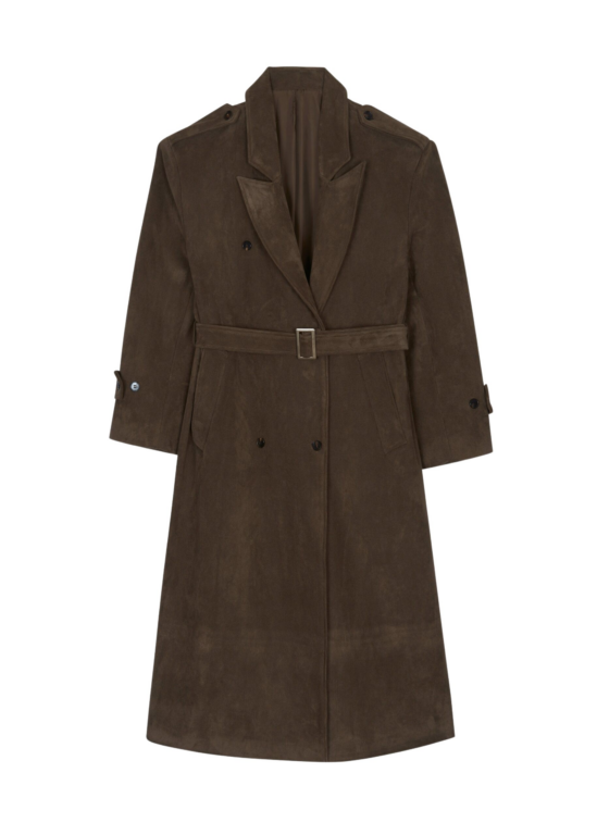The Frankie Shop Peoria Faux Suede Trench Coat - Brown - Oversized Minimalist Coats in Brown - Shop at Luxury Shoes 