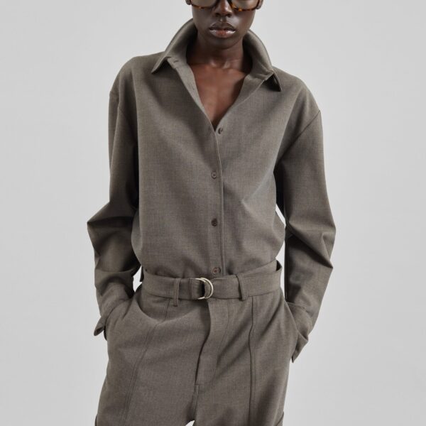 The Frankie Shop Peri Double Weave Shirt – Taupe Melange, view 3