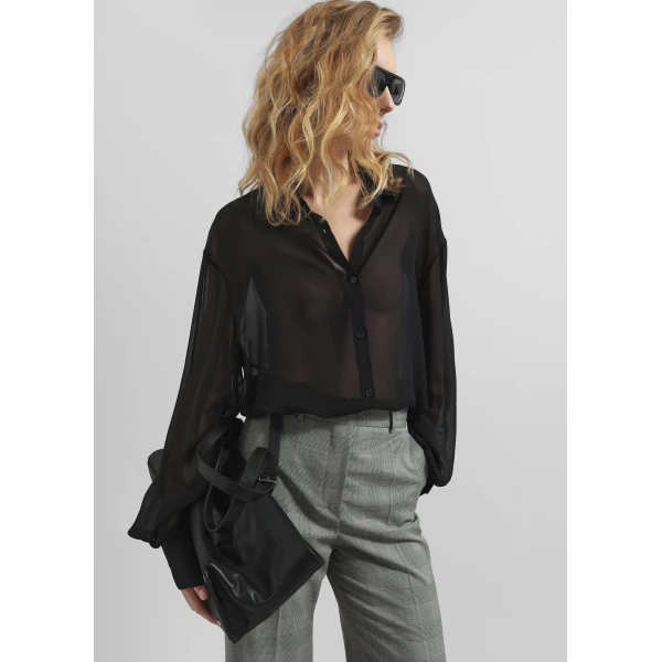The Frankie Shop Peri Georgette Shirt - Black - Oversized Minimalist Tops in Black - Shop at Luxury Shoes 
