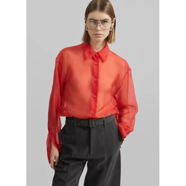The Frankie Shop Peri Sheer Shirt - Red - Oversized Minimalist Tops in Red - Shop at Luxury Shoes 