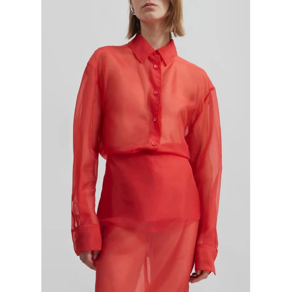 The Frankie Shop Peri Sheer Shirt - Red - Oversized Minimalist Tops in Red - Shop at Luxury Shoes 