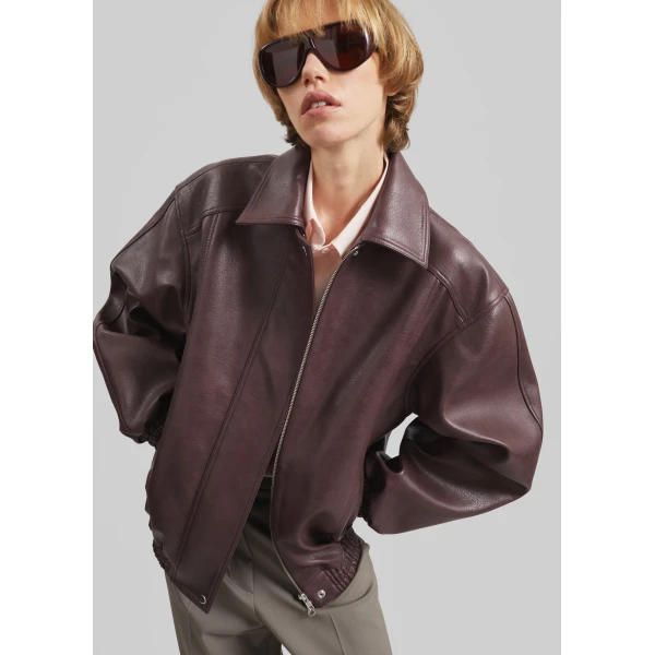 The Frankie Shop Prescott Faux Leather Jacket - Burgundy - Oversized Minimalist Jackets in Red - Shop at Luxury Shoes 