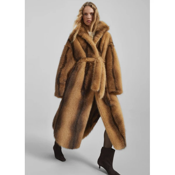 The Frankie Shop Ravello Faux Fur Robe Coat - Beige/Brown - Oversized Minimalist Coats in Brown - Shop at Luxury Shoes 
