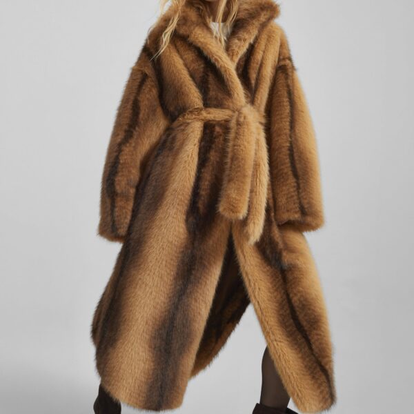 The Frankie Shop Ravello Faux Fur Robe Coat – Beige/Brown, view 3