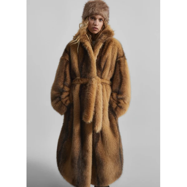 The Frankie Shop Ravello Faux Fur Robe Coat - Beige/Brown - Oversized Minimalist Coats in Brown - Shop at Luxury Shoes 