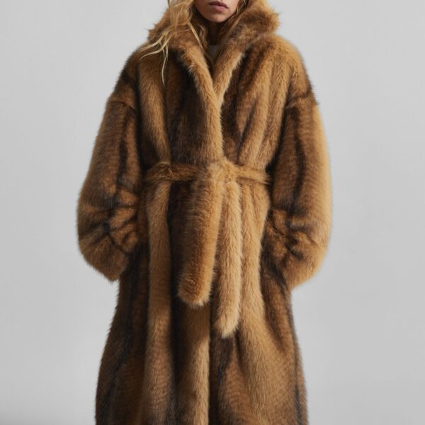 The Frankie Shop Ravello Faux Fur Robe Coat – Beige/Brown, view 4