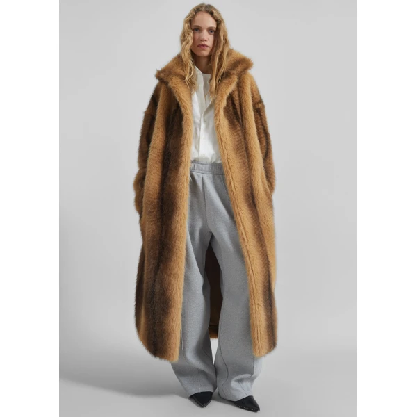 The Frankie Shop Ravello Faux Fur Robe Coat - Beige/Brown - Oversized Minimalist Coats in Brown - Shop at Luxury Shoes 
