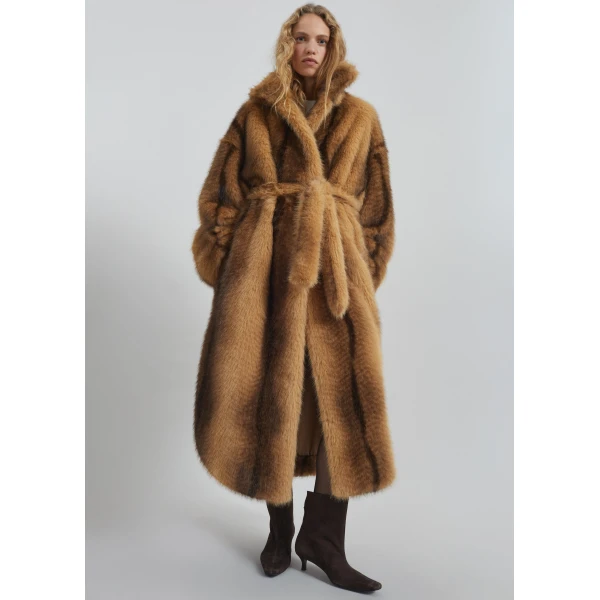 The Frankie Shop Ravello Faux Fur Robe Coat - Beige/Brown - Oversized Minimalist Coats in Brown - Shop at Luxury Shoes 