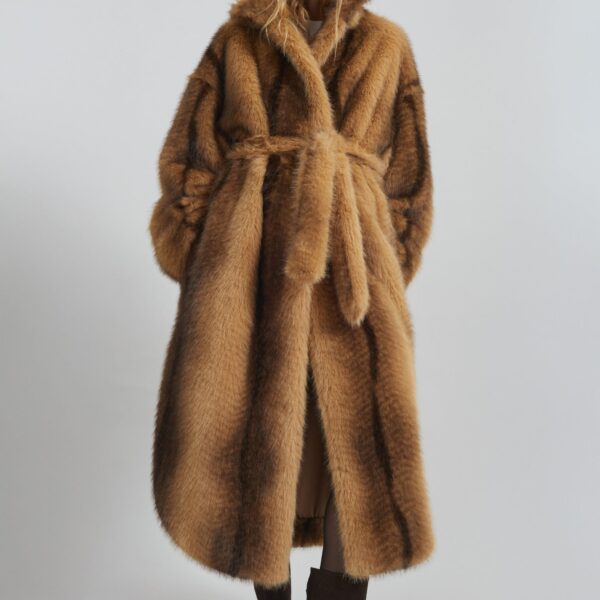 The Frankie Shop Ravello Faux Fur Robe Coat – Beige/Brown, view 8