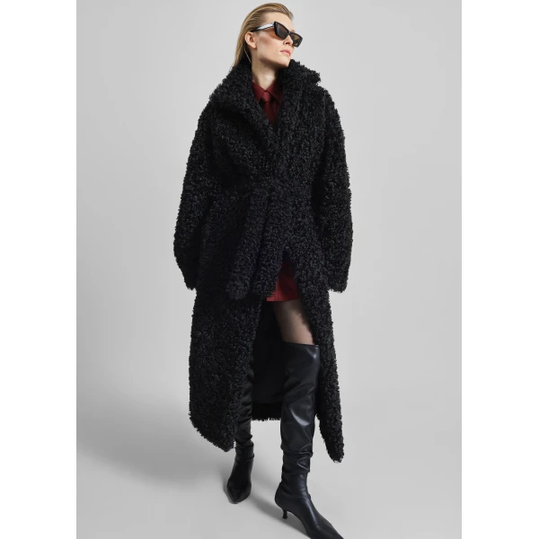 The Frankie Shop Ravello Faux Shearling Robe Coat - Black - Oversized Minimalist Coats in Black - Shop at Luxury Shoes 