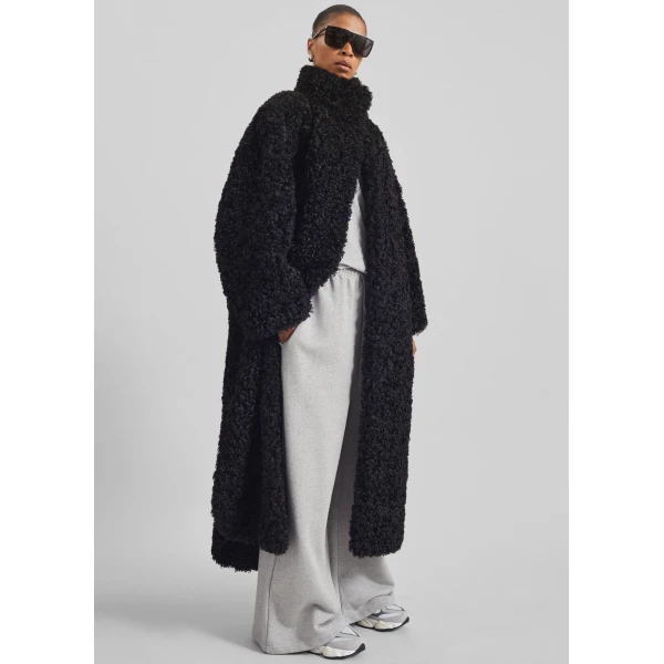 The Frankie Shop Ravello Faux Shearling Robe Coat - Black - Oversized Minimalist Coats in Black - Shop at Luxury Shoes 