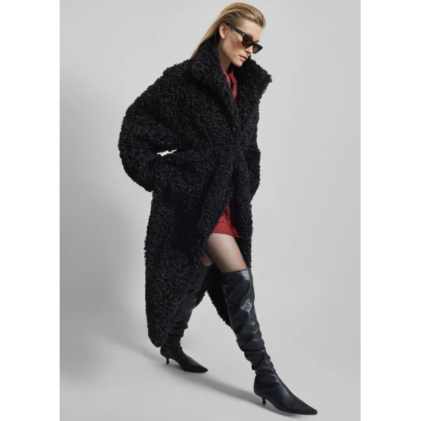 The Frankie Shop Ravello Faux Shearling Robe Coat - Black - Oversized Minimalist Coats in Black - Shop at Luxury Shoes 