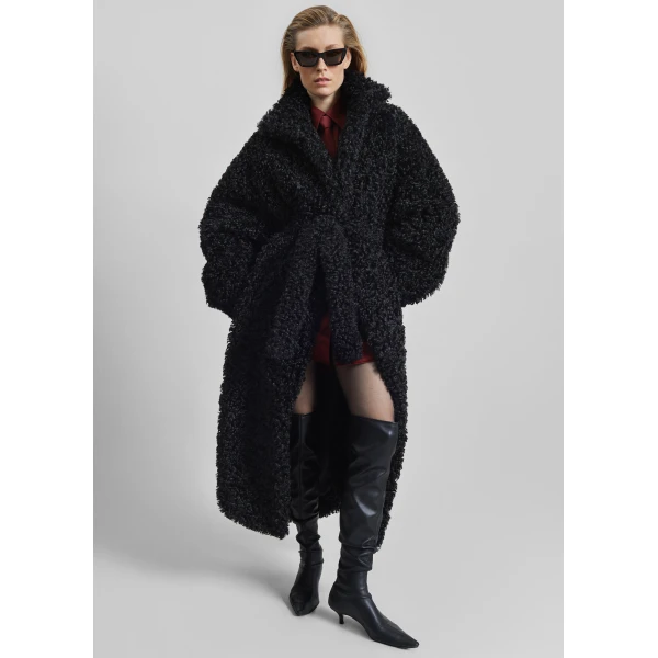 The Frankie Shop Ravello Faux Shearling Robe Coat - Black - Oversized Minimalist Coats in Black - Shop at Luxury Shoes 