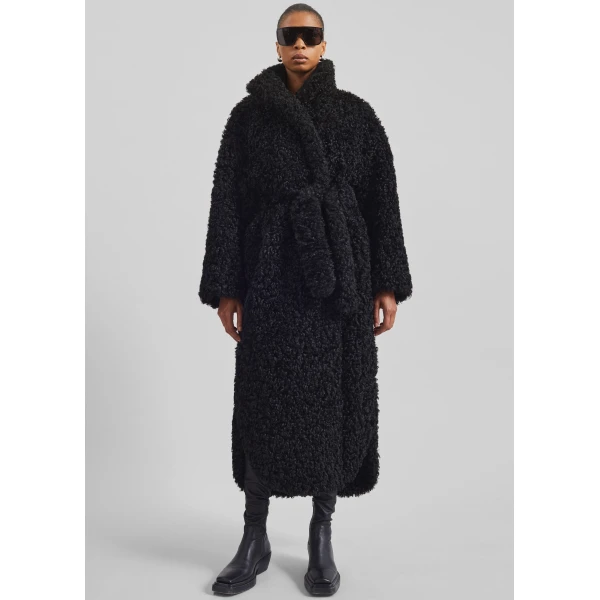 The Frankie Shop Ravello Faux Shearling Robe Coat - Black - Oversized Minimalist Coats in Black - Shop at Luxury Shoes 