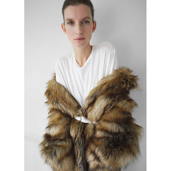 The Frankie Shop Rella Faux Fur Coat - Camel - Oversized Minimalist Coats in Brown - Shop at Luxury Shoes 