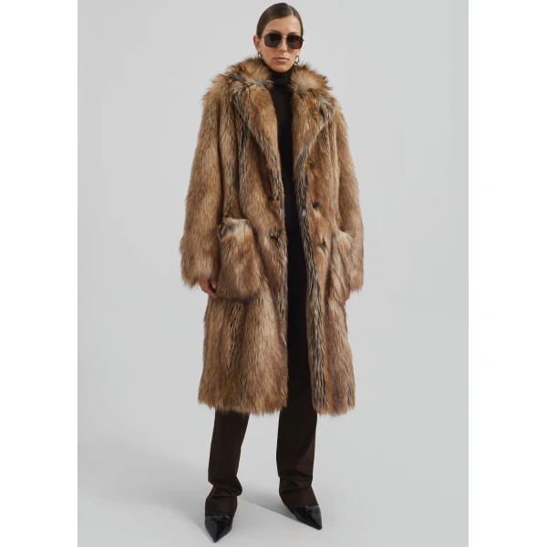 The Frankie Shop Rella Faux Fur Coat - Camel - Oversized Minimalist Coats in Brown - Shop at Luxury Shoes 