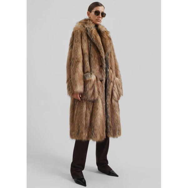 The Frankie Shop Rella Faux Fur Coat - Camel - Oversized Minimalist Coats in Brown - Shop at Luxury Shoes 
