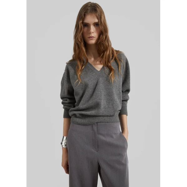 The Frankie Shop Ronse V-Neck Superfine Lambswool Sweater - Grey - Oversized Minimalist Knitwear in Grey - Shop at Luxury Shoes 