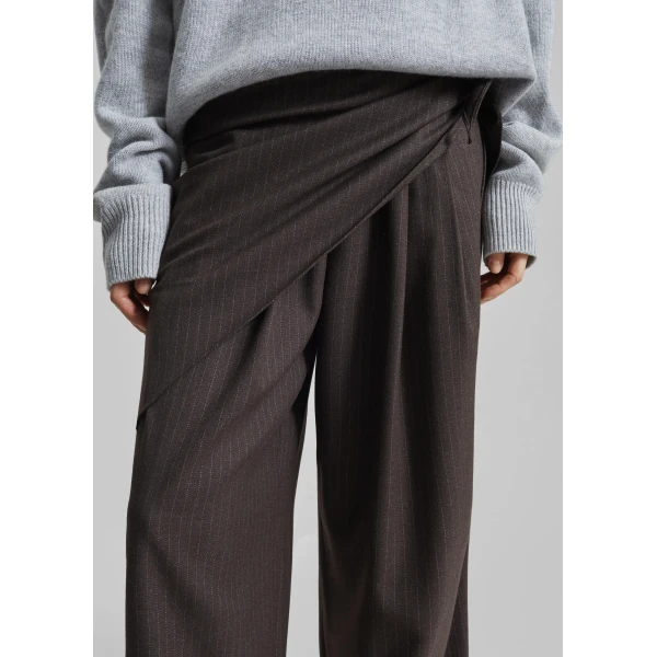 The Frankie Shop Rovigo Scarf Wrap Pants - Brown Stripe - Oversized Minimalist Pants in Brown - Shop at Luxury Shoes 