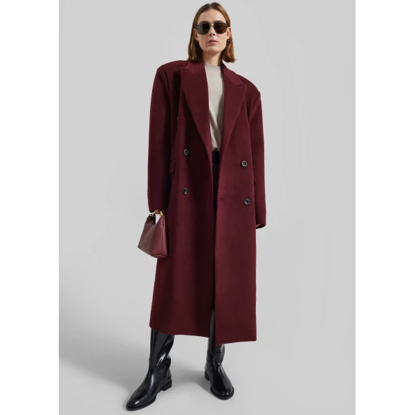 The Frankie Shop Skaila Double-Breasted Coat - Burgundy - Oversized Minimalist Coats in Red - Shop at Luxury Shoes 