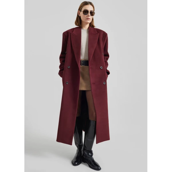The Frankie Shop Skaila Double-Breasted Coat - Burgundy - Oversized Minimalist Coats in Red - Shop at Luxury Shoes 