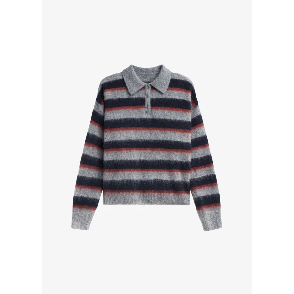 The Frankie Shop Sorlia Mohair Polo Sweater - Grey Multi Stripe - Oversized Minimalist Knitwear in Grey - Shop at Luxury Shoes 