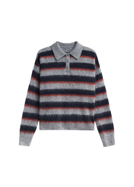 The Frankie Shop Sorlia Mohair Polo Sweater - Grey Multi Stripe - Oversized Minimalist Knitwear in Grey - Shop at Luxury Shoes 