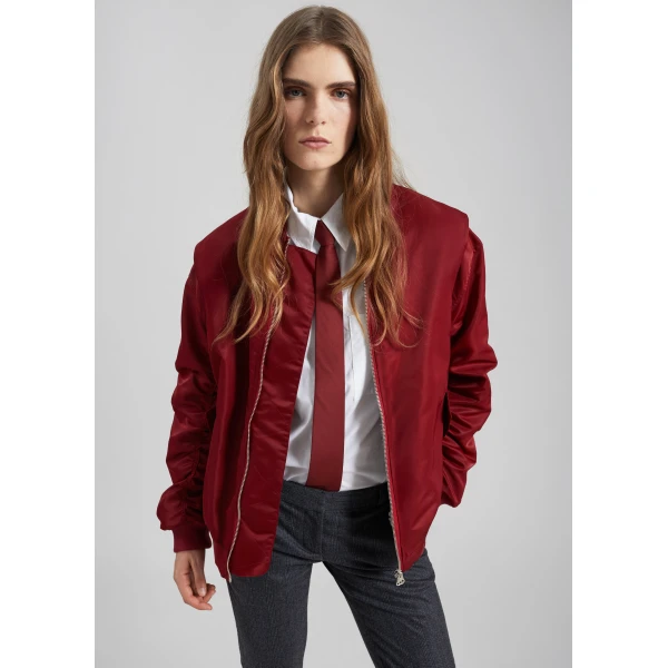 The Frankie Shop Stellan Faux Shearling Oversized Bomber Jacket - Red - Oversized Minimalist Jackets in Red - Shop at Luxury Shoes 