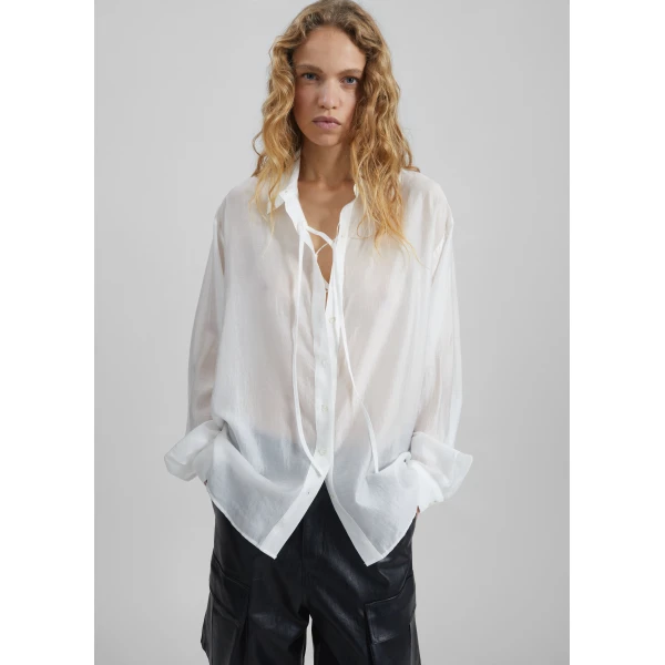 The Frankie Shop Tarra Tie-Front Sheer Shirt - White - Oversized Minimalist Tops in White - Shop at Luxury Shoes 